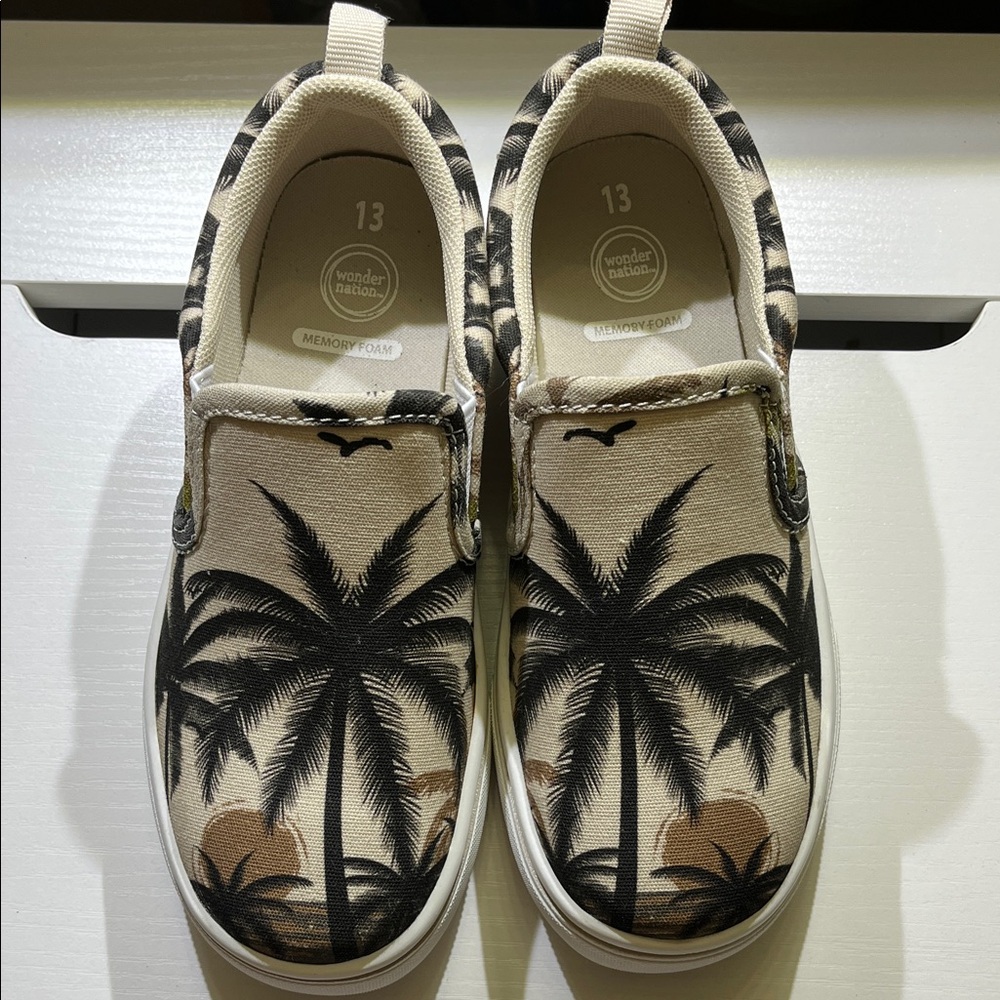 wonder nation Beige and Black Palm-Print Slip-On Sneakers for Kids